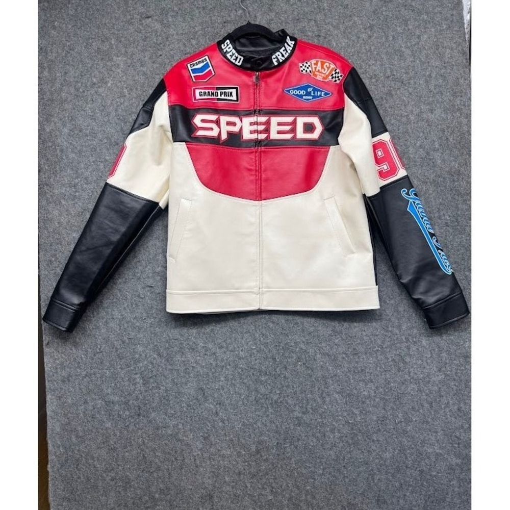 Copper Rivet Racing Moto Jacket Black Red Faux Leather Speed Patch Mens Medium